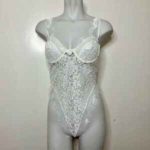 Vintage 80s White Lace Lingerie Bodysuit High Cut